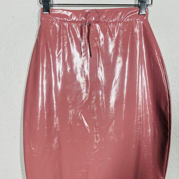 NEW! Asos Petite Wet Plastic Look Skirt Pencil Midi Pink Bodycon Rose - 00 - Picture 2 of 5